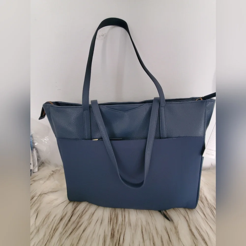 Freshly Picked Everyday Tote Diaper Bag Navy Blue Faux Leather Insulated Pocket